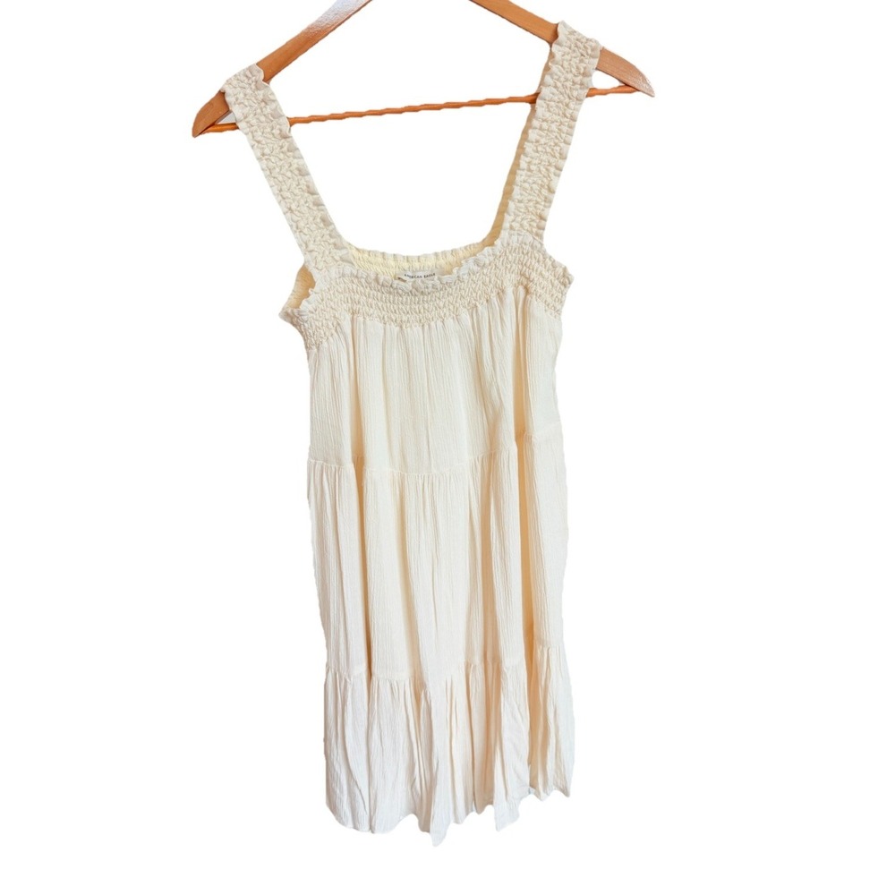 American Eagle Smocked Tiered Dress Womens Medium Cream Gauze Cottagecore Mini
